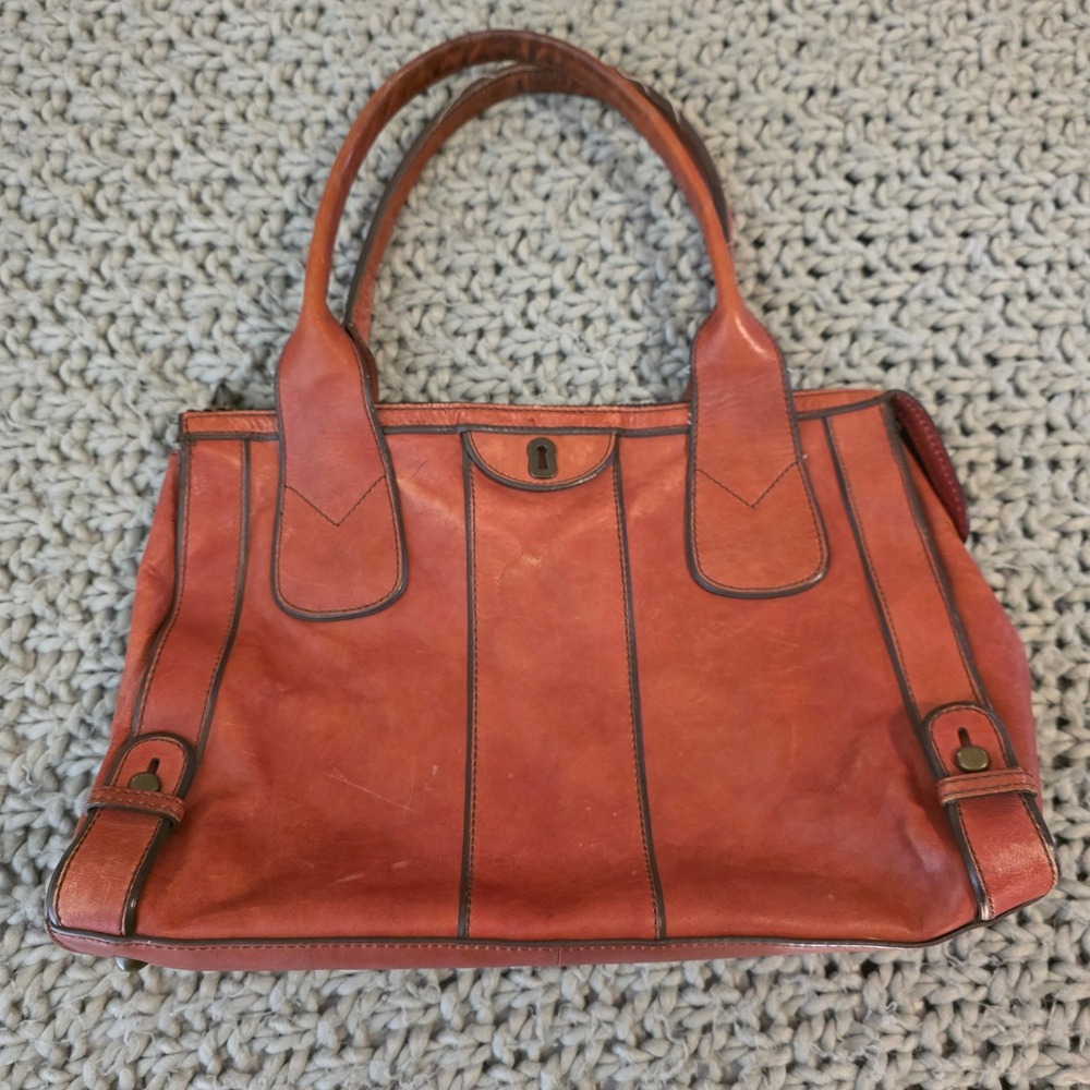 Vintage Fossil Womens Reissue Satchel Handbag Boho Burnt Orange Leather Keyhole